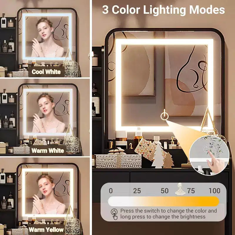 COZONY Coiffeuse avec Miroir LED et Station de Charge, Petite Coiffeuse de Maquillage avec 2 Tiroirs, Tabouret de Rangement