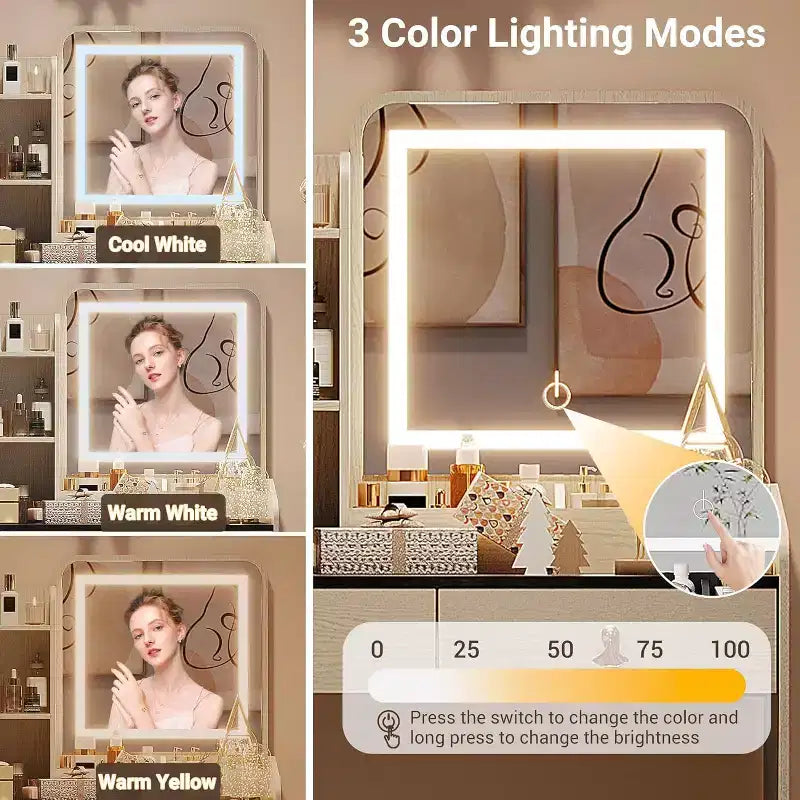 COZONY Coiffeuse avec Miroir LED et Station de Charge, Petite Coiffeuse de Maquillage avec 2 Tiroirs, Tabouret de Rangement