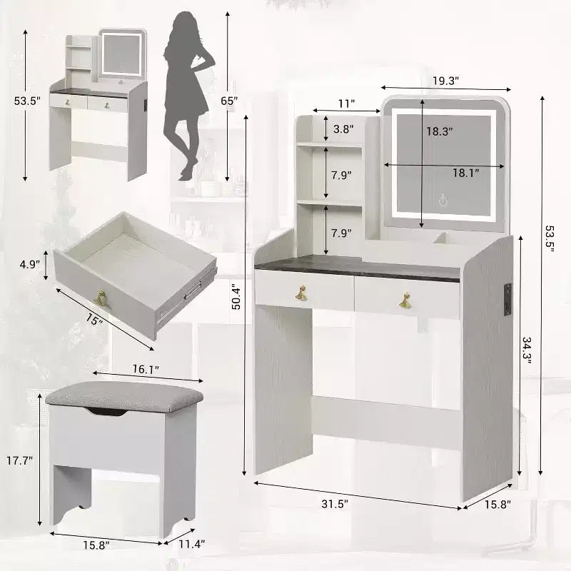 COZONY Coiffeuse avec Miroir LED et Station de Charge, Petite Coiffeuse de Maquillage avec 2 Tiroirs, Tabouret de Rangement