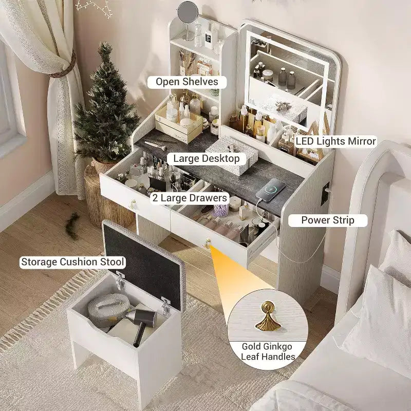 COZONY Coiffeuse avec Miroir LED et Station de Charge, Petite Coiffeuse de Maquillage avec 2 Tiroirs, Tabouret de Rangement