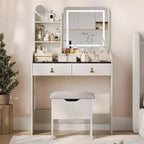 COZONY Coiffeuse avec Miroir LED et Station de Charge, Petite Coiffeuse de Maquillage avec 2 Tiroirs, Tabouret de Rangement