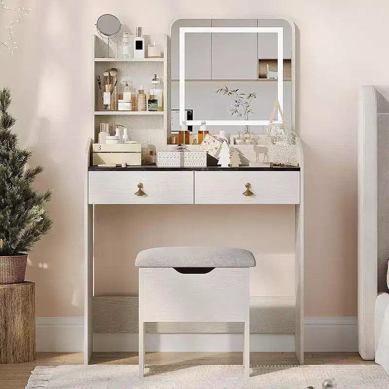 COZONY Coiffeuse avec Miroir LED et Station de Charge, Petite Coiffeuse de Maquillage avec 2 Tiroirs, Tabouret de Rangement