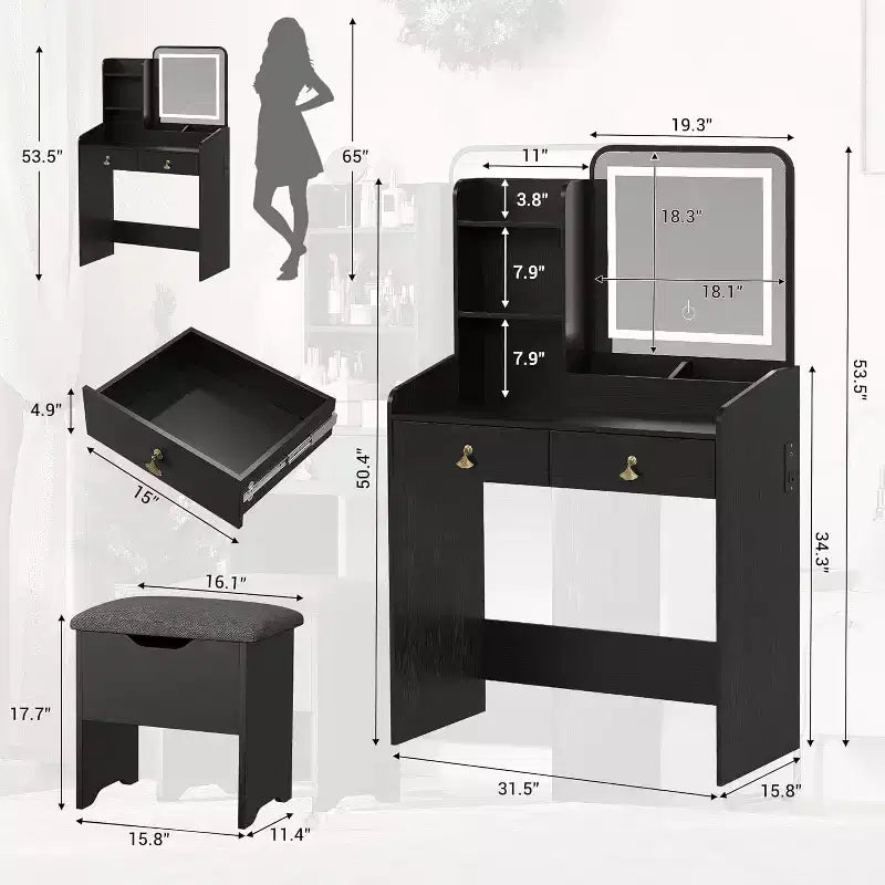 COZONY Coiffeuse avec Miroir LED et Station de Charge, Petite Coiffeuse de Maquillage avec 2 Tiroirs, Tabouret de Rangement