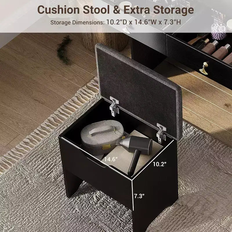 COZONY Coiffeuse avec Miroir LED et Station de Charge, Petite Coiffeuse de Maquillage avec 2 Tiroirs, Tabouret de Rangement