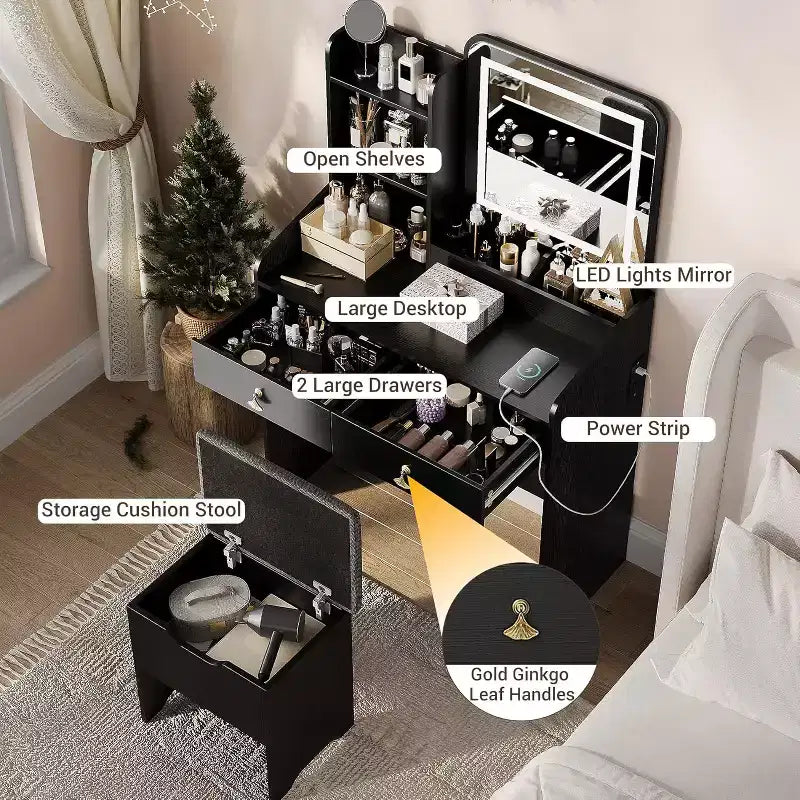 COZONY Coiffeuse avec Miroir LED et Station de Charge, Petite Coiffeuse de Maquillage avec 2 Tiroirs, Tabouret de Rangement
