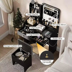 COZONY Coiffeuse avec Miroir LED et Station de Charge, Petite Coiffeuse de Maquillage avec 2 Tiroirs, Tabouret de Rangement
