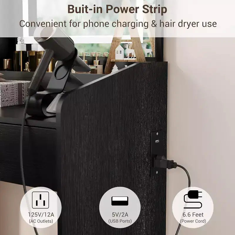 COZONY Coiffeuse avec Miroir LED et Station de Charge, Petite Coiffeuse de Maquillage avec 2 Tiroirs, Tabouret de Rangement