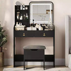 COZONY Coiffeuse avec Miroir LED et Station de Charge, Petite Coiffeuse de Maquillage avec 2 Tiroirs, Tabouret de Rangement