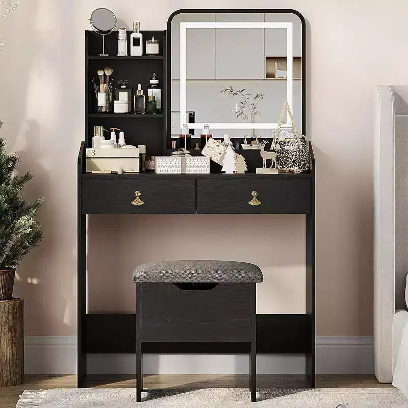 COZONY Coiffeuse avec Miroir LED et Station de Charge, Petite Coiffeuse de Maquillage avec 2 Tiroirs, Tabouret de Rangement
