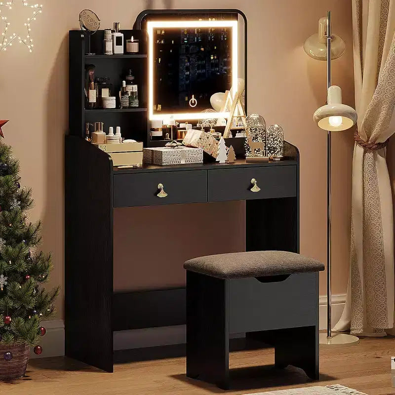 COZONY Coiffeuse avec Miroir LED et Station de Charge, Petite Coiffeuse de Maquillage avec 2 Tiroirs, Tabouret de Rangement
