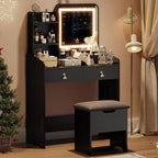 COZONY Coiffeuse avec Miroir LED et Station de Charge, Petite Coiffeuse de Maquillage avec 2 Tiroirs, Tabouret de Rangement