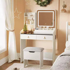 COZONY Coiffeuse avec Miroir LED et Station de Charge, Petite Coiffeuse de Maquillage avec 2 Tiroirs, Tabouret de Rangement