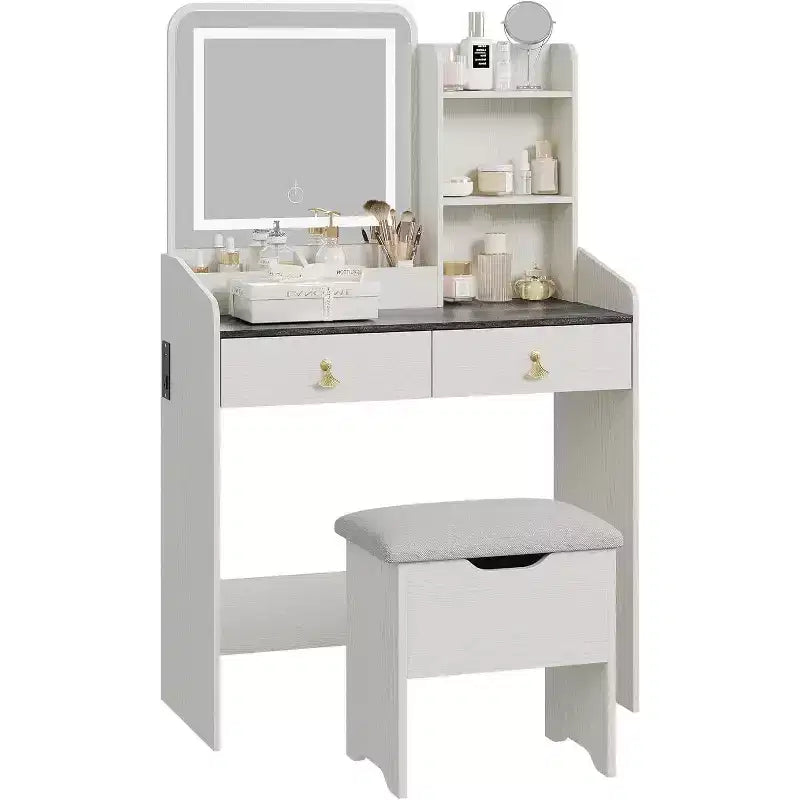 COZONY Coiffeuse avec Miroir LED et Station de Charge, Petite Coiffeuse de Maquillage avec 2 Tiroirs, Tabouret de Rangement