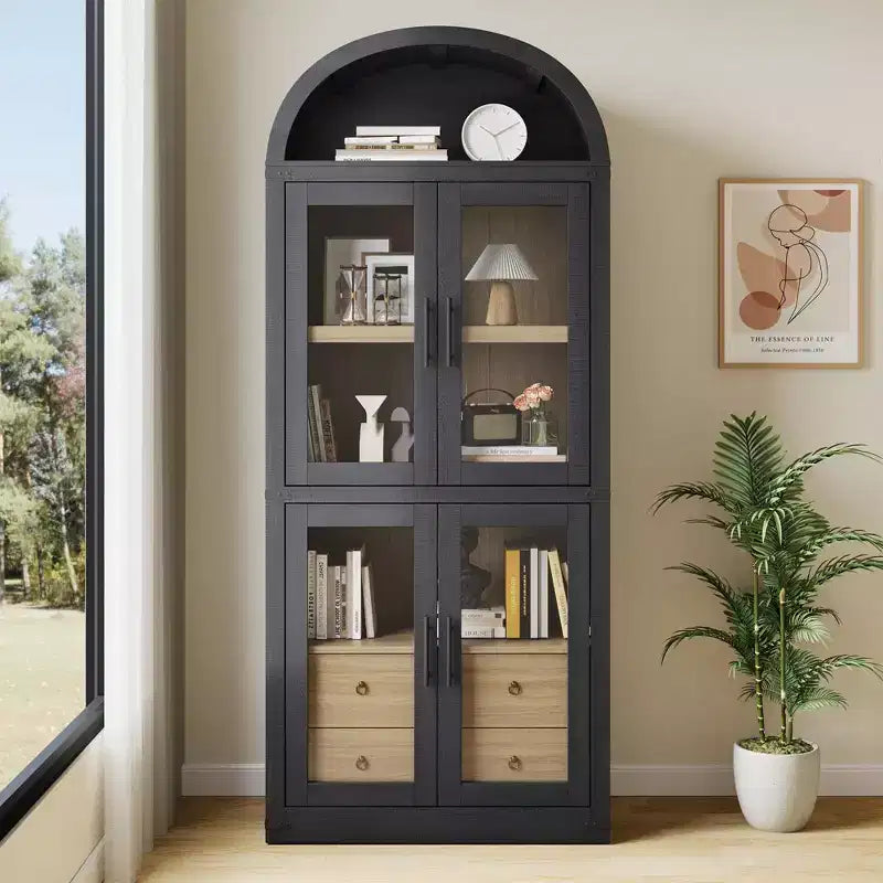 Bibliothèque cintrée avec portes et tiroirs, étagère de ferme, profondeur de 40,2 cm, étagères de rangement de 181,4 cm de haut, vitrine en bois, bibliothèques arrondies
