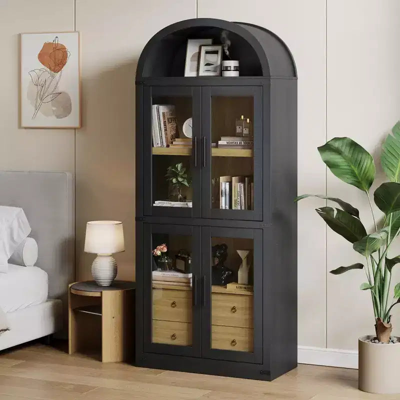 Bibliothèque cintrée avec portes et tiroirs, étagère de ferme, profondeur de 40,2 cm, étagères de rangement de 181,4 cm de haut, vitrine en bois, bibliothèques arrondies