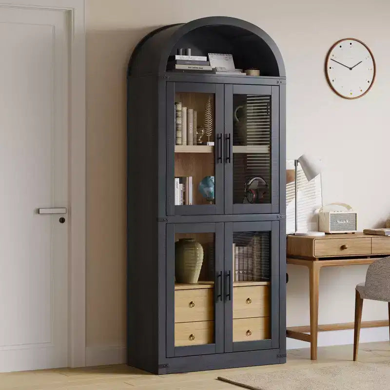 Bibliothèque cintrée avec portes et tiroirs, étagère de ferme, profondeur de 40,2 cm, étagères de rangement de 181,4 cm de haut, vitrine en bois, bibliothèques arrondies