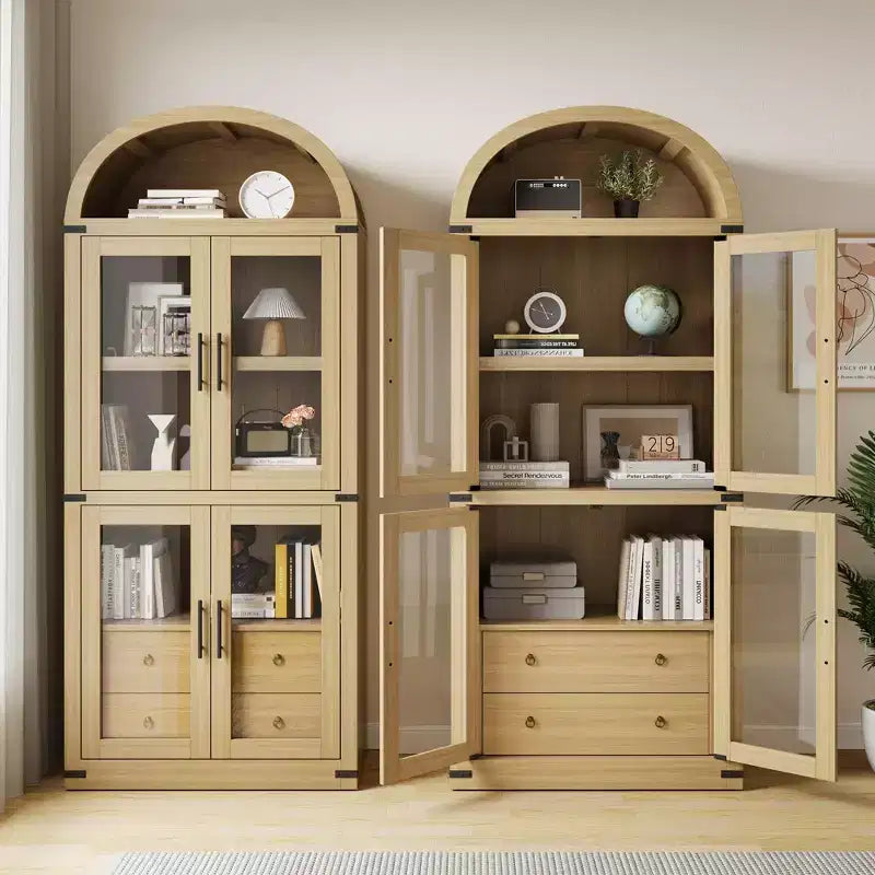 Bibliothèque cintrée avec portes et tiroirs, étagère de ferme, profondeur de 40,2 cm, étagères de rangement de 181,4 cm de haut, vitrine en bois, bibliothèques arrondies