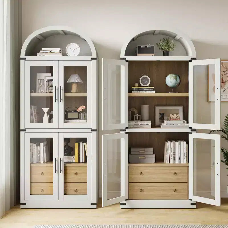 Bibliothèque cintrée avec portes et tiroirs, étagère de ferme, profondeur de 40,2 cm, étagères de rangement de 181,4 cm de haut, vitrine en bois, bibliothèques arrondies
