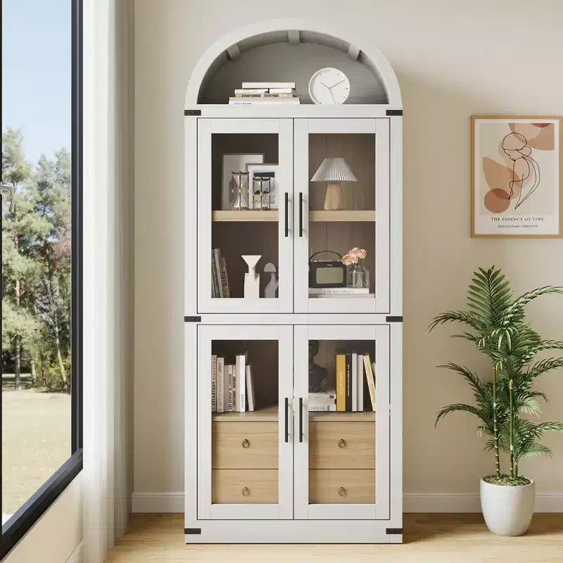 Bibliothèque cintrée avec portes et tiroirs, étagère de ferme, profondeur de 40,2 cm, étagères de rangement de 181,4 cm de haut, vitrine en bois, bibliothèques arrondies