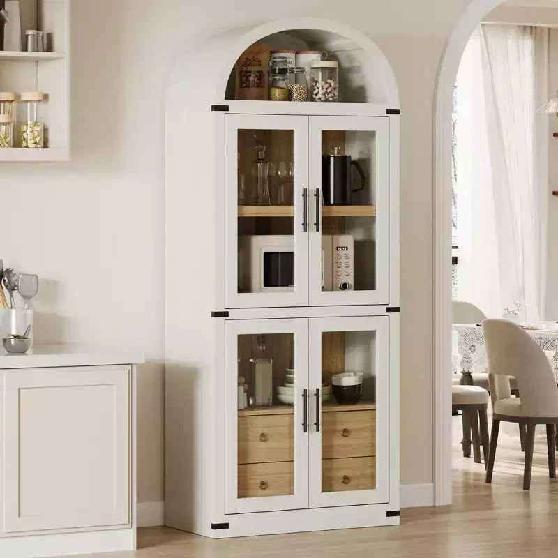 Bibliothèque cintrée avec portes et tiroirs, étagère de ferme, profondeur de 40,2 cm, étagères de rangement de 181,4 cm de haut, vitrine en bois, bibliothèques arrondies