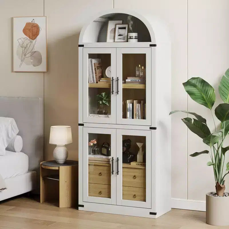 Bibliothèque cintrée avec portes et tiroirs, étagère de ferme, profondeur de 40,2 cm, étagères de rangement de 181,4 cm de haut, vitrine en bois, bibliothèques arrondies