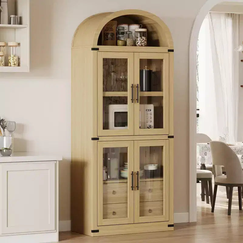 Bibliothèque cintrée avec portes et tiroirs, étagère de ferme, profondeur de 40,2 cm, étagères de rangement de 181,4 cm de haut, vitrine en bois, bibliothèques arrondies
