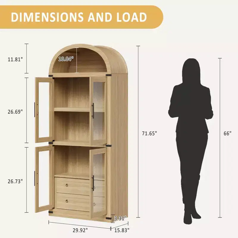 Bibliothèque cintrée avec portes et tiroirs, étagère de ferme, profondeur de 40,2 cm, étagères de rangement de 181,4 cm de haut, vitrine en bois, bibliothèques arrondies