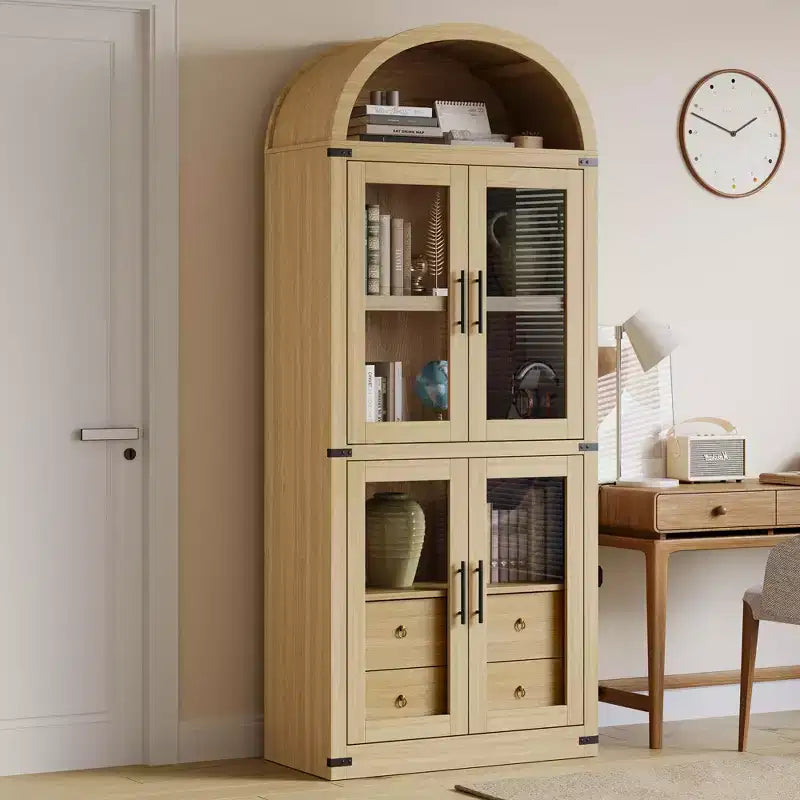 Bibliothèque cintrée avec portes et tiroirs, étagère de ferme, profondeur de 40,2 cm, étagères de rangement de 181,4 cm de haut, vitrine en bois, bibliothèques arrondies