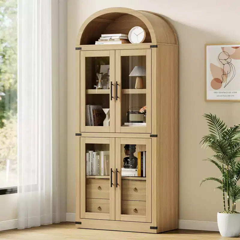 Arched Bookshelf with Doors and Drawers Farmhouse Bookcase 15.83in Depth Display Storage Shelves 71.4in Tall Wooden Display Cabinet Rounded Bookcases