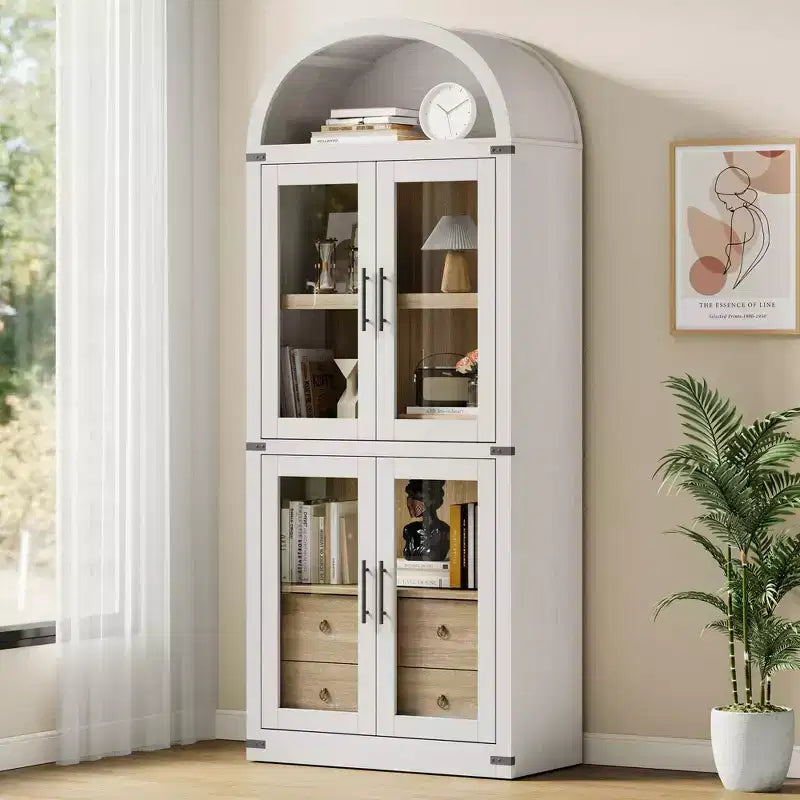 Bibliothèque cintrée avec portes et tiroirs, étagère de ferme, profondeur de 40,2 cm, étagères de rangement de 181,4 cm de haut, vitrine en bois, bibliothèques arrondies