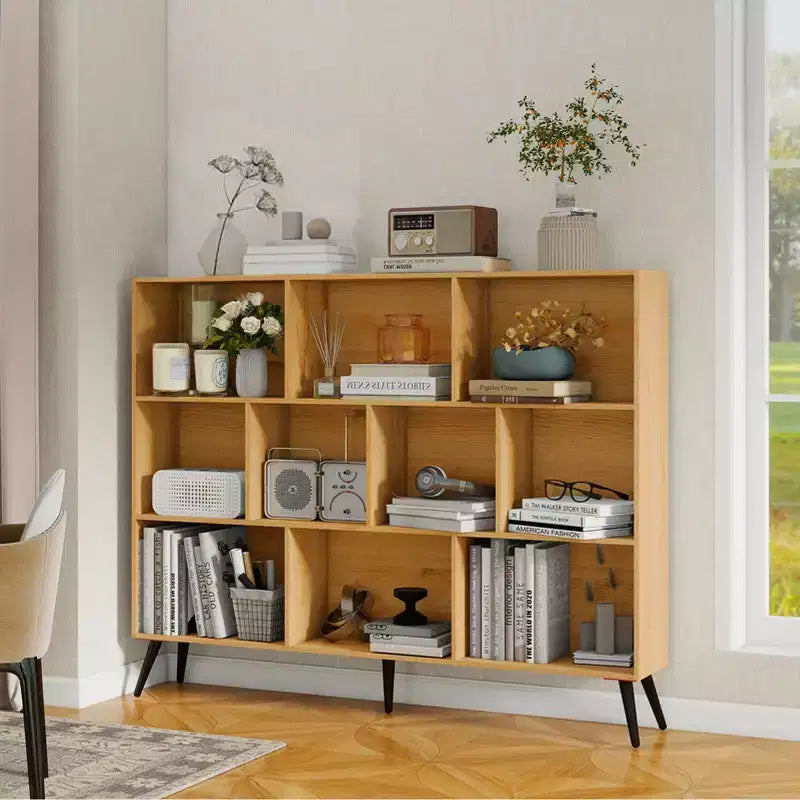 Étagère à 10 cubes en bois, meuble de rangement à 3 niveaux avec 5 pieds en fer et système anti-basculement, étagère de présentation ouverte pour bureau à domicile