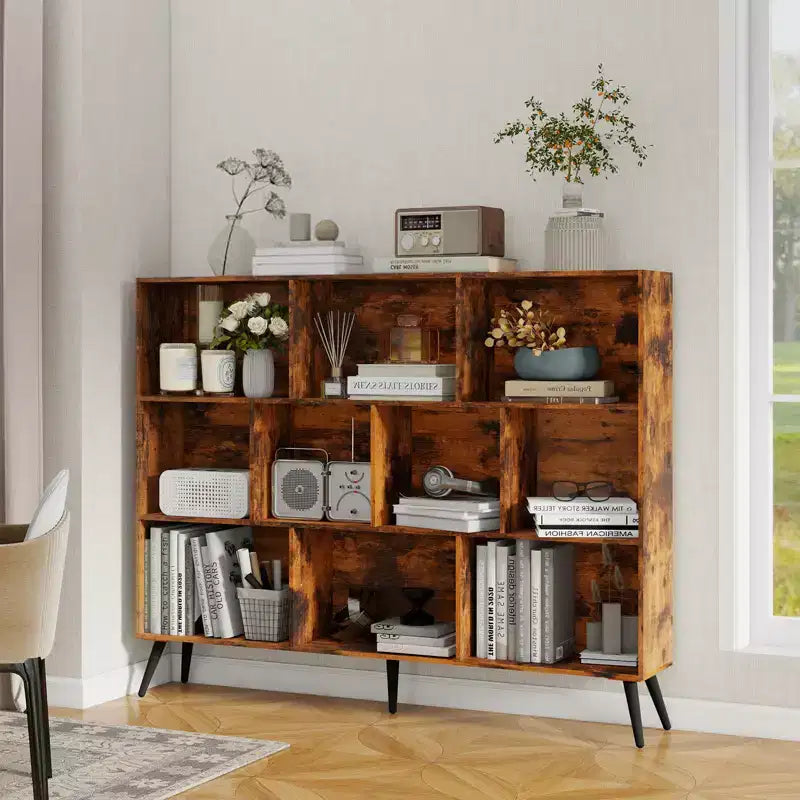 Étagère à 10 cubes en bois, meuble de rangement à 3 niveaux avec 5 pieds en fer et système anti-basculement, étagère de présentation ouverte pour bureau à domicile