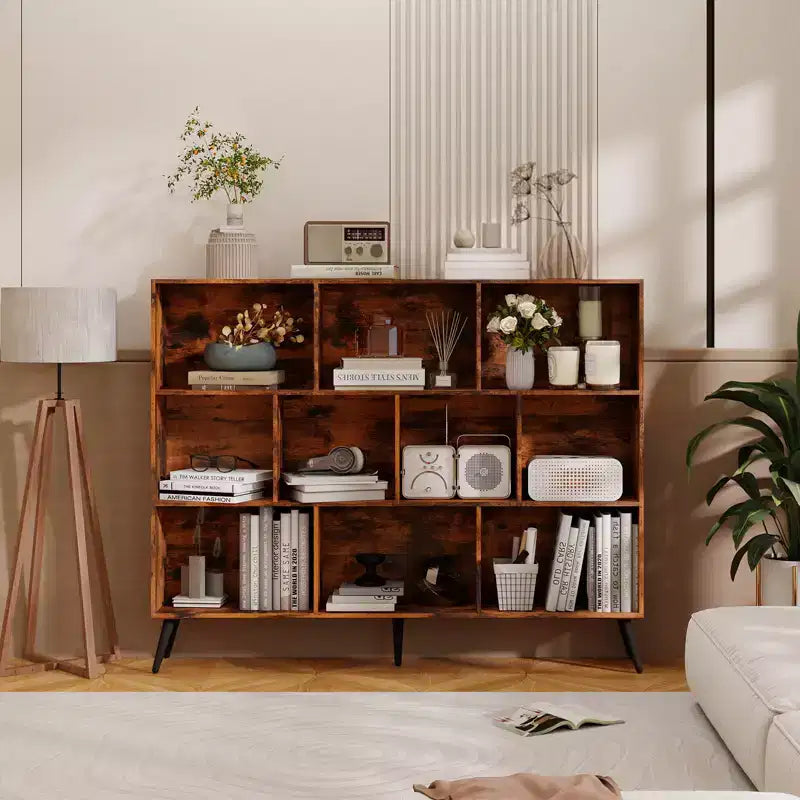 Étagère à 10 cubes en bois, meuble de rangement à 3 niveaux avec 5 pieds en fer et système anti-basculement, étagère de présentation ouverte pour bureau à domicile