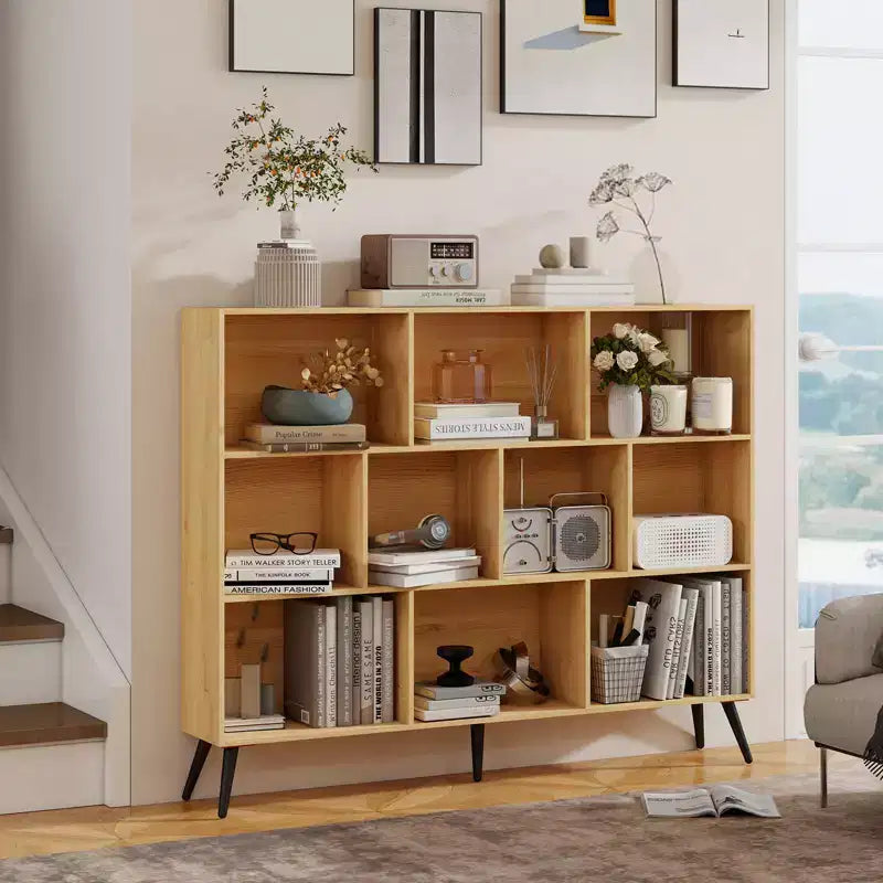 Étagère à 10 cubes en bois, meuble de rangement à 3 niveaux avec 5 pieds en fer et système anti-basculement, étagère de présentation ouverte pour bureau à domicile