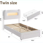 Cadre de lit simple - Tête de lit de rangement à 2 niveaux, lit plateforme rembourré avec station de charge et tiroir, beige (pour enfants/garçons/filles)