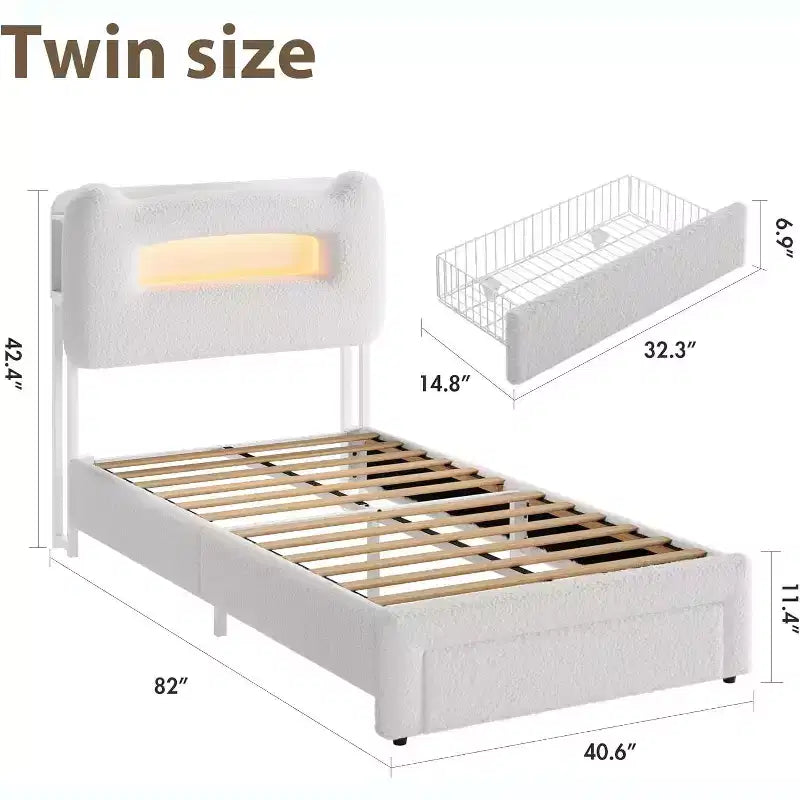 Cadre de lit simple - Tête de lit de rangement à 2 niveaux, lit plateforme rembourré avec station de charge et tiroir, beige (pour enfants/garçons/filles)