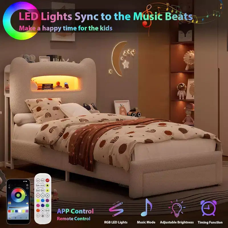 Cadre de lit simple - Tête de lit de rangement à 2 niveaux, lit plateforme rembourré avec station de charge et tiroir, beige (pour enfants/garçons/filles)