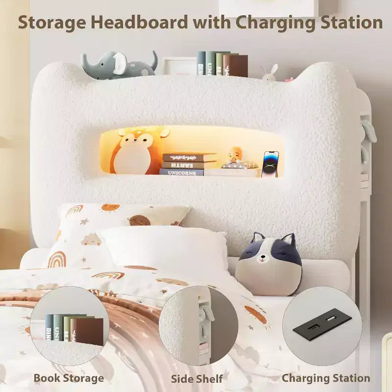 Cadre de lit simple - Tête de lit de rangement à 2 niveaux, lit plateforme rembourré avec station de charge et tiroir, beige (pour enfants/garçons/filles)