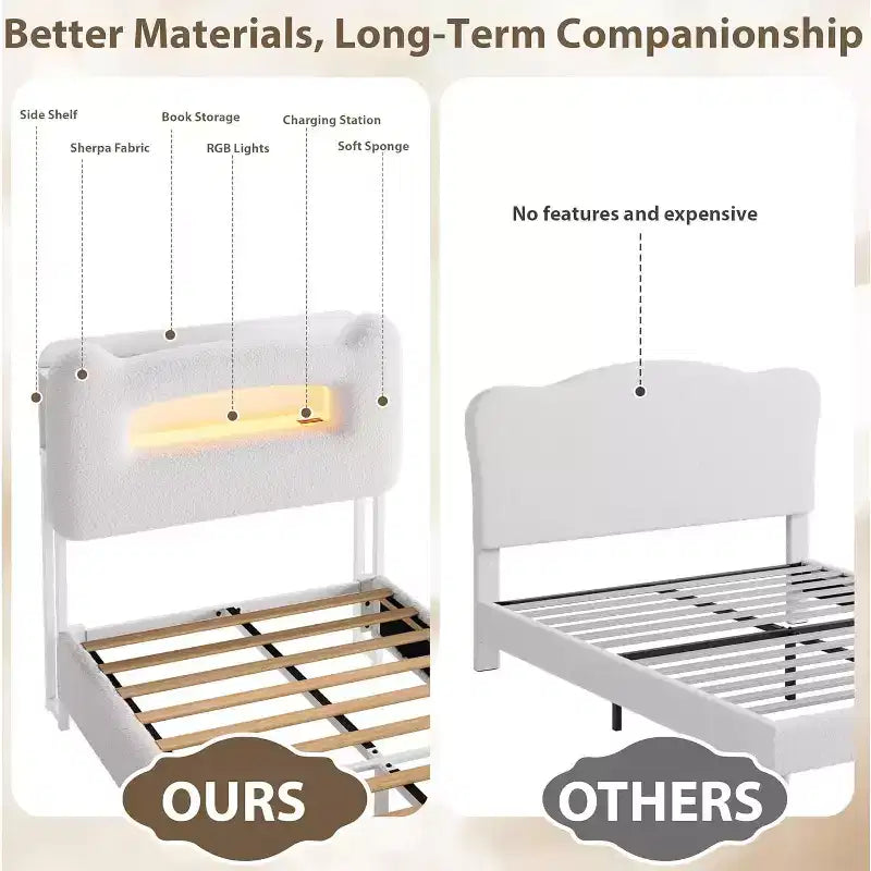 Cadre de lit simple - Tête de lit de rangement à 2 niveaux, lit plateforme rembourré avec station de charge et tiroir, beige (pour enfants/garçons/filles)