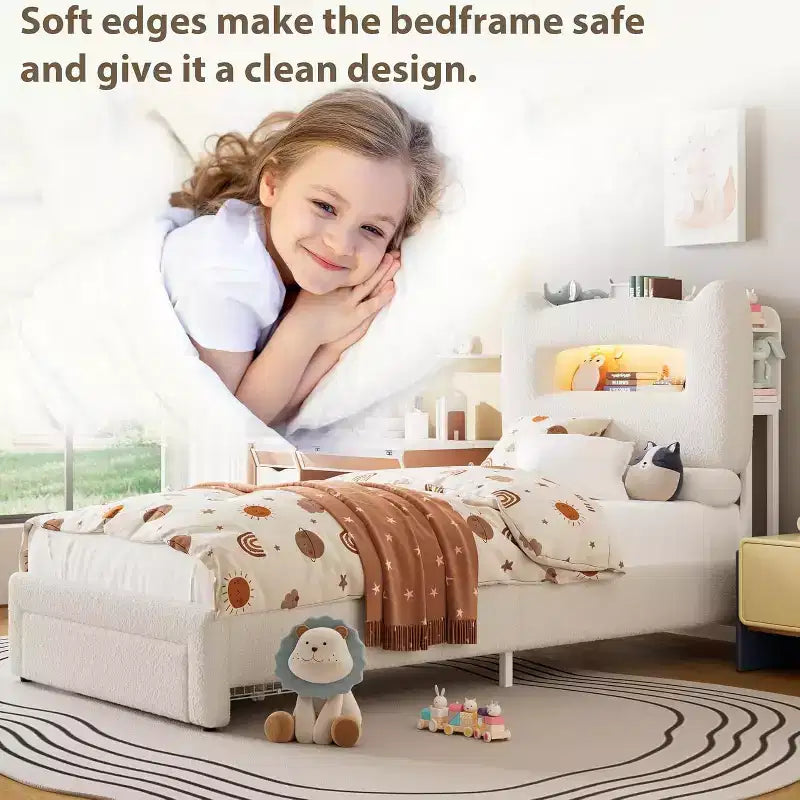 Cadre de lit simple - Tête de lit de rangement à 2 niveaux, lit plateforme rembourré avec station de charge et tiroir, beige (pour enfants/garçons/filles)