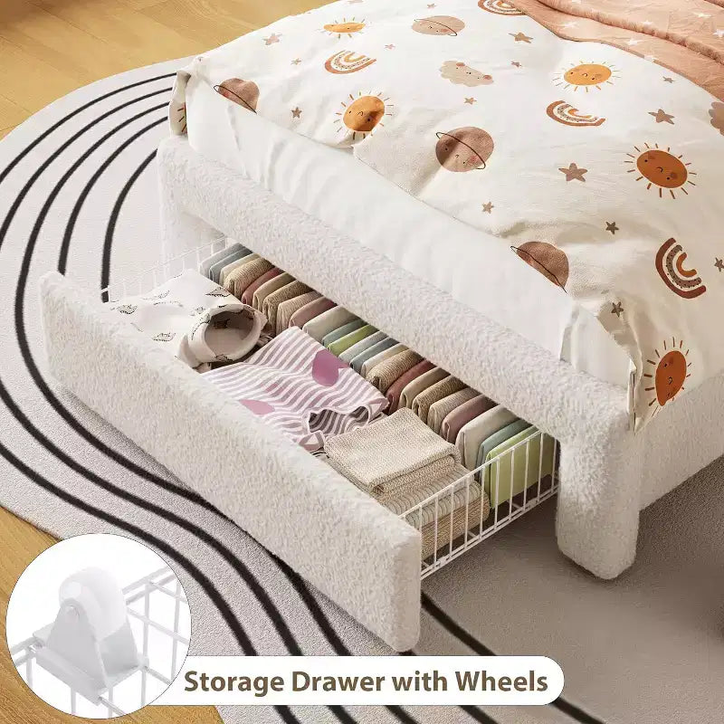 Cadre de lit simple - Tête de lit de rangement à 2 niveaux, lit plateforme rembourré avec station de charge et tiroir, beige (pour enfants/garçons/filles)