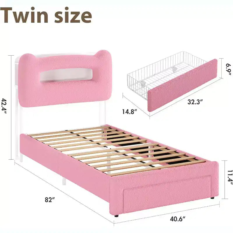 Cadre de lit simple - Tête de lit de rangement à 2 niveaux, lit plateforme rembourré avec station de charge et tiroir, beige (pour enfants/garçons/filles)
