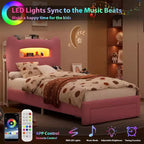Cadre de lit simple - Tête de lit de rangement à 2 niveaux, lit plateforme rembourré avec station de charge et tiroir, beige (pour enfants/garçons/filles)