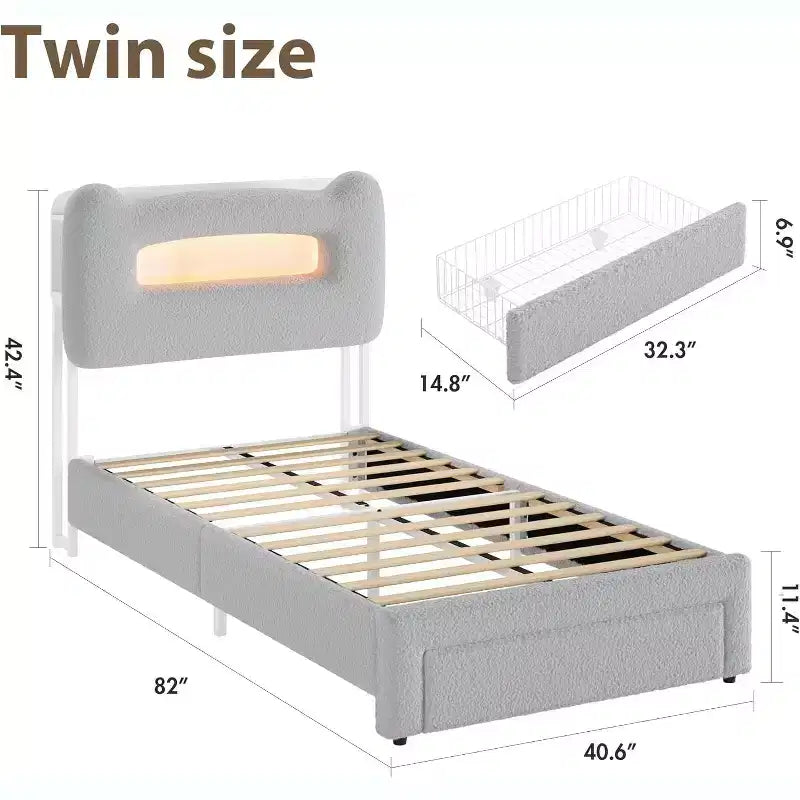 Cadre de lit simple - Tête de lit de rangement à 2 niveaux, lit plateforme rembourré avec station de charge et tiroir, beige (pour enfants/garçons/filles)