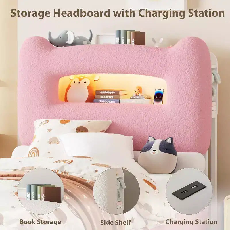 Cadre de lit simple - Tête de lit de rangement à 2 niveaux, lit plateforme rembourré avec station de charge et tiroir, beige (pour enfants/garçons/filles)