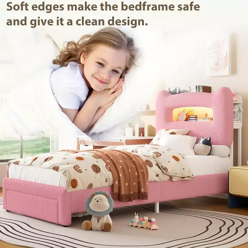 Cadre de lit simple - Tête de lit de rangement à 2 niveaux, lit plateforme rembourré avec station de charge et tiroir, beige (pour enfants/garçons/filles)