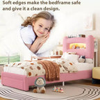 Cadre de lit simple - Tête de lit de rangement à 2 niveaux, lit plateforme rembourré avec station de charge et tiroir, beige (pour enfants/garçons/filles)