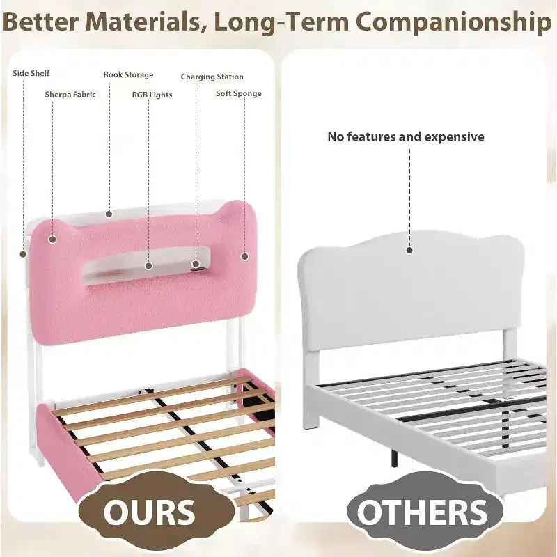 Cadre de lit simple - Tête de lit de rangement à 2 niveaux, lit plateforme rembourré avec station de charge et tiroir, beige (pour enfants/garçons/filles)