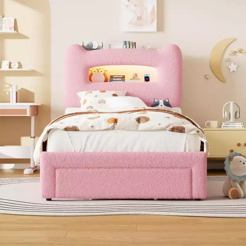 Cadre de lit simple - Tête de lit de rangement à 2 niveaux, lit plateforme rembourré avec station de charge et tiroir, beige (pour enfants/garçons/filles)