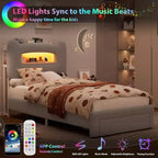 Cadre de lit simple - Tête de lit de rangement à 2 niveaux, lit plateforme rembourré avec station de charge et tiroir, beige (pour enfants/garçons/filles)